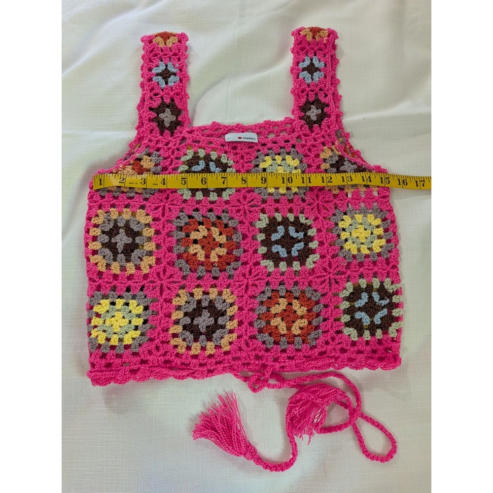 Cherry Pink Crochet Granny Square Tank Top Small Boho Festival Tassel Knit Cami - Picture 4 of 5
